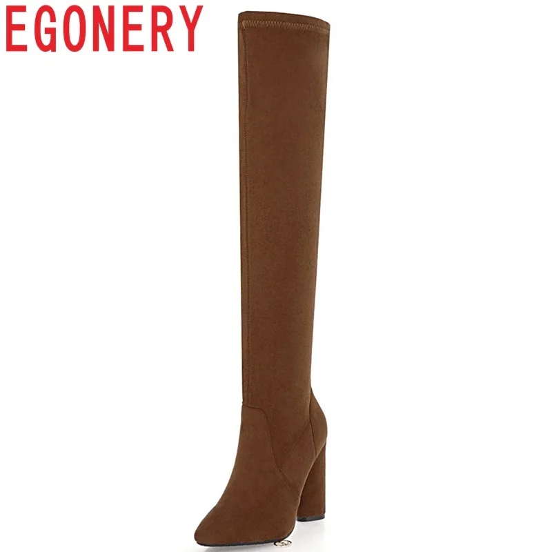

EGONERY new winter warm fashion sexy women over the knee boots pointed toe suepr high strange style zipper outside party shoes