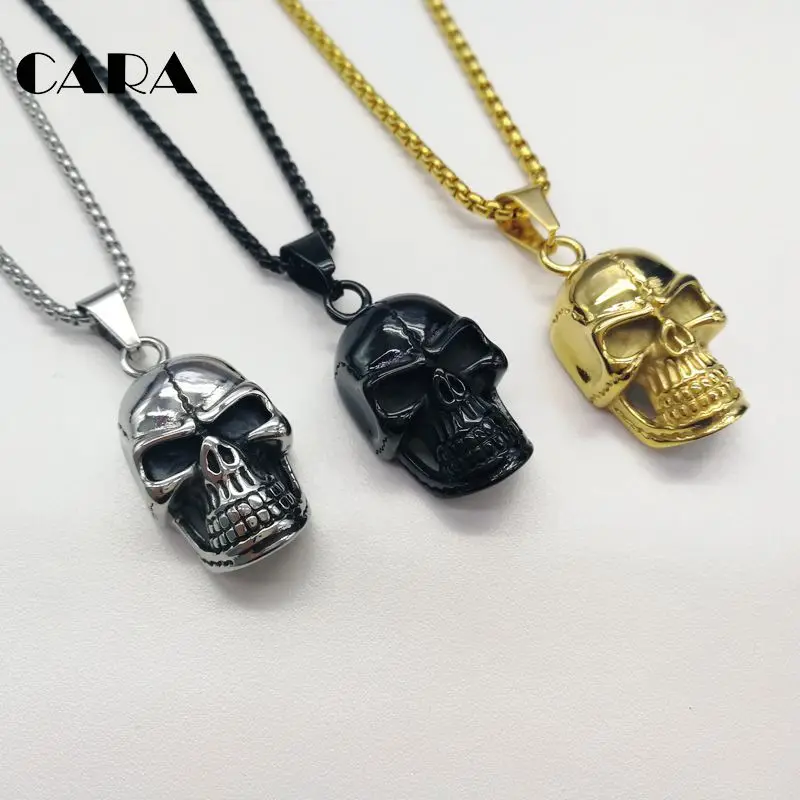 

CARA New 3 colors Gothetic cracked skull necklace Plated 316L stainless steel skull pendant necklace jewelry fashion CARA0362