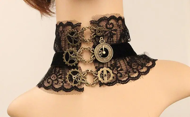 

Elegant Black Lace and Metal Gears Linked Women`s Steampunk Choker Lace Necklace Jewelry