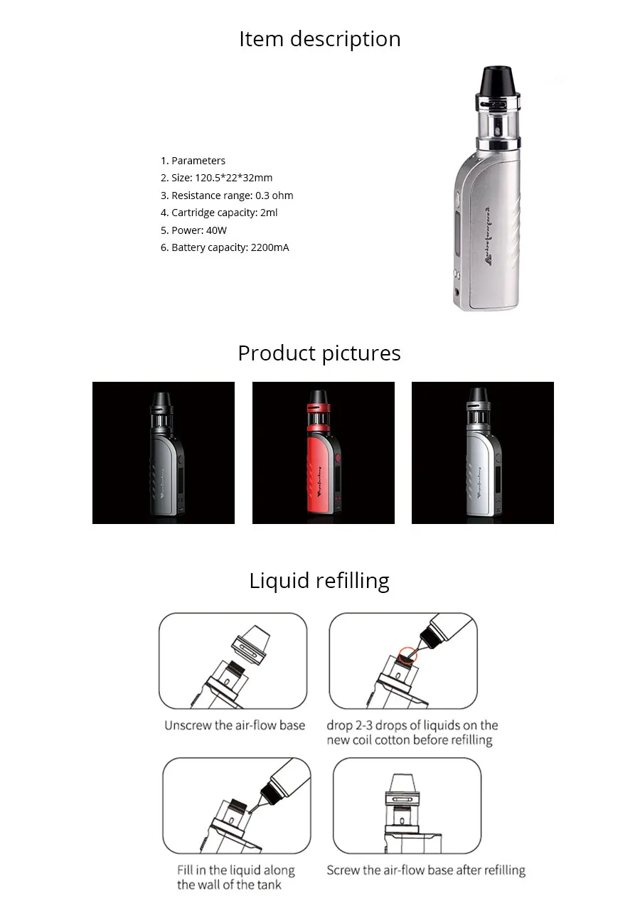 Electronic Cigarette Hookah Vaporizer Box Mod Vape 40W Tank Atomizer E Vape Temperature Control With 2200mAh Built-in Battery