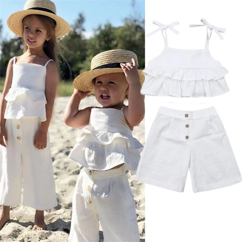 Summer Brief Kids Baby Girls Outfits Clothes Sling Ruffles Swing Vest Tops+Button Wide Leg Pants 2Pcs Solid Color Girl Sets 1-4Y
Summer Brief Kids Baby Girls Outfits Clothes Sling Ruffles Swing Vest Tops+Button Wide Leg Pants 2Pcs Solid Color Girl Sets 1-4Y