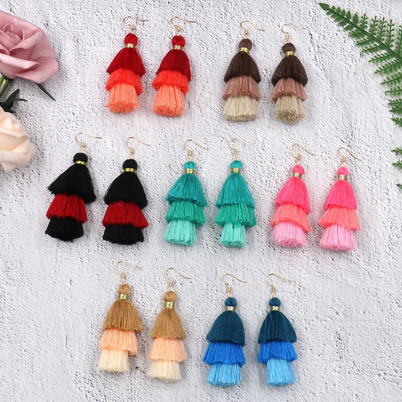 

2019 New Style 3 Layered Bohemian Fringed Cheap Statement Tassel Earring For Women Long Drop Dangle Earrings Personality Jewelry