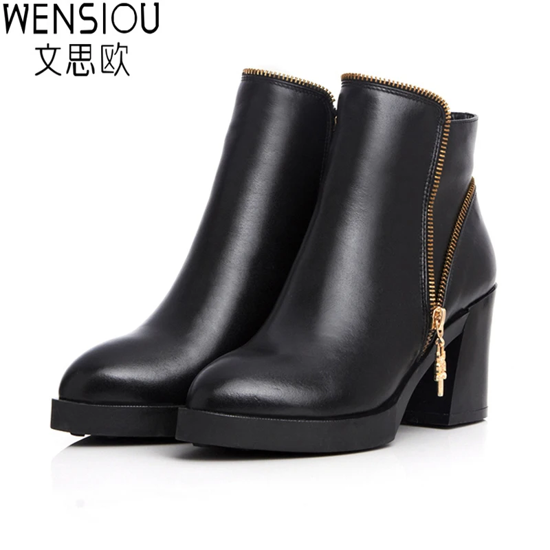 Image 2015 New Fashion Women Ankle Boots Elegant Black High Heel Casual British Style Martin Boots Genuine Leather Riding Booties BT61