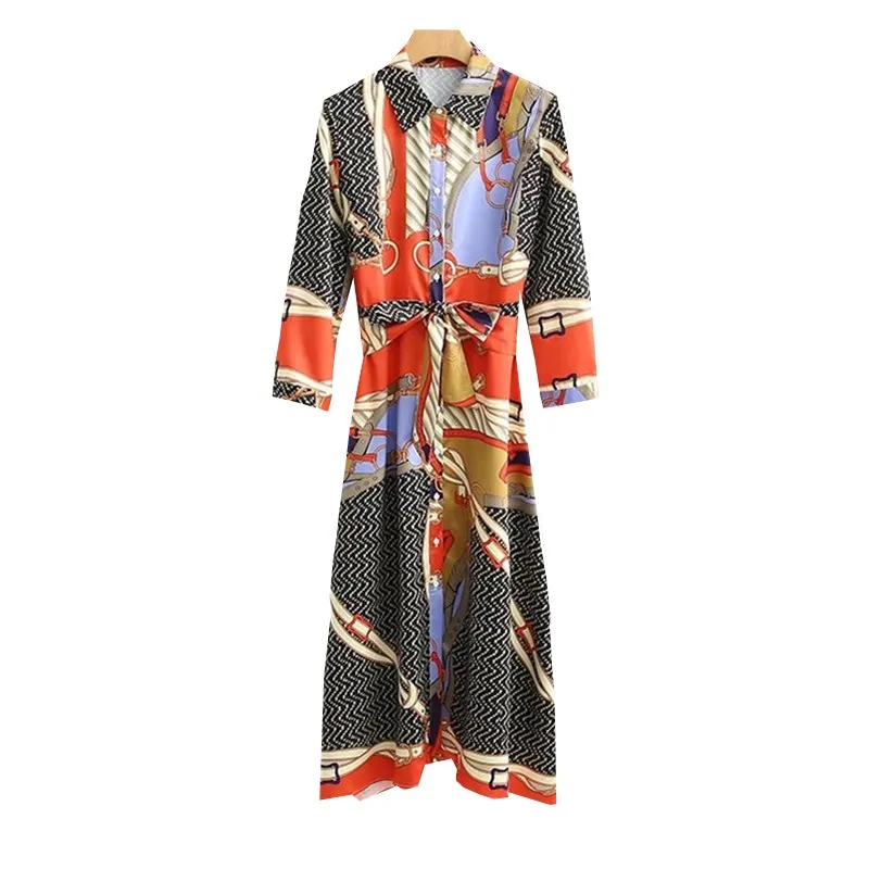 Women Chain Print Long Maxi Dress 3/4 Sleeve Turn Down Collar A-Line Midi Dress Belted Casual Dresses Robe Femme Spring Autumn
Women Chain Print Long Maxi Dress 3/4 Sleeve Turn Down Collar A-Line Midi Dress Belted Casual Dresses Robe Femme Spring Autumn