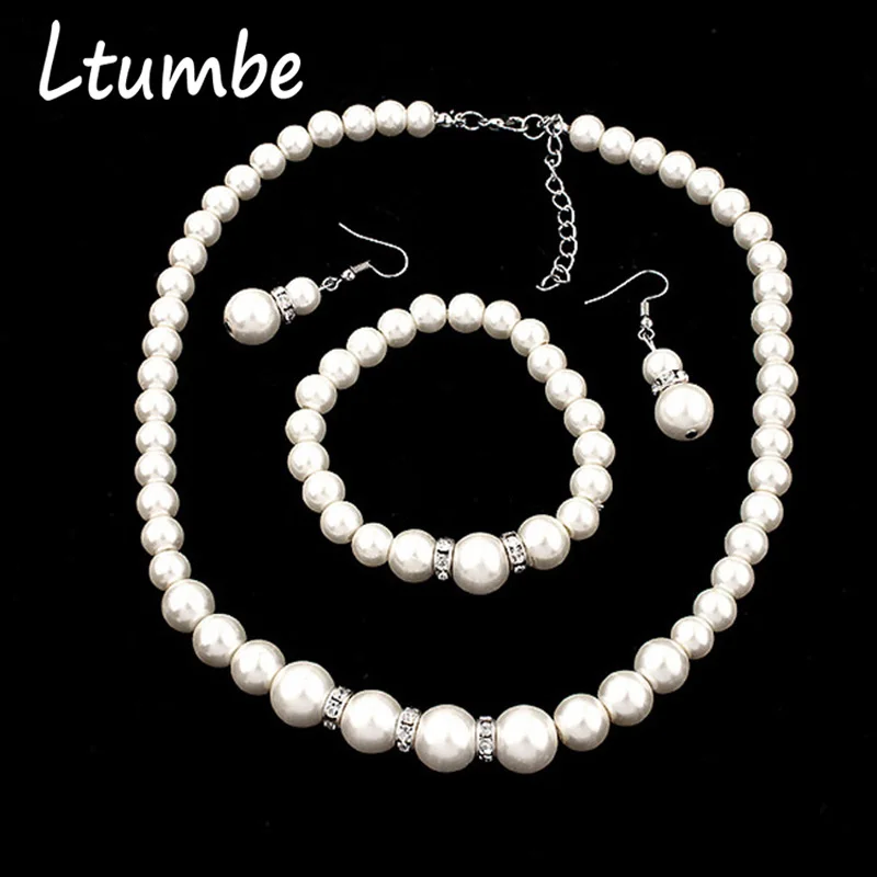 Ltumbe Luxury Crystal Simulated Pearl Jewelry Sets Bib Statement Choker Necklaces Earrings Bracelets for Women Party Bijoux | Украшения и