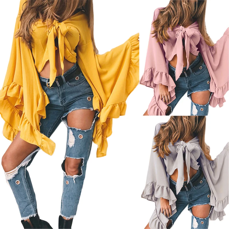 New Fashion Women Casual Flare Sleeve Long Sleeve Solid Tops Bandage Bowknot Loose Top T Shirt Halter Beach Clothes
New Fashion Women Casual Flare Sleeve Long Sleeve Solid Tops Bandage Bowknot Loose Top T Shirt Halter Beach Clothes
