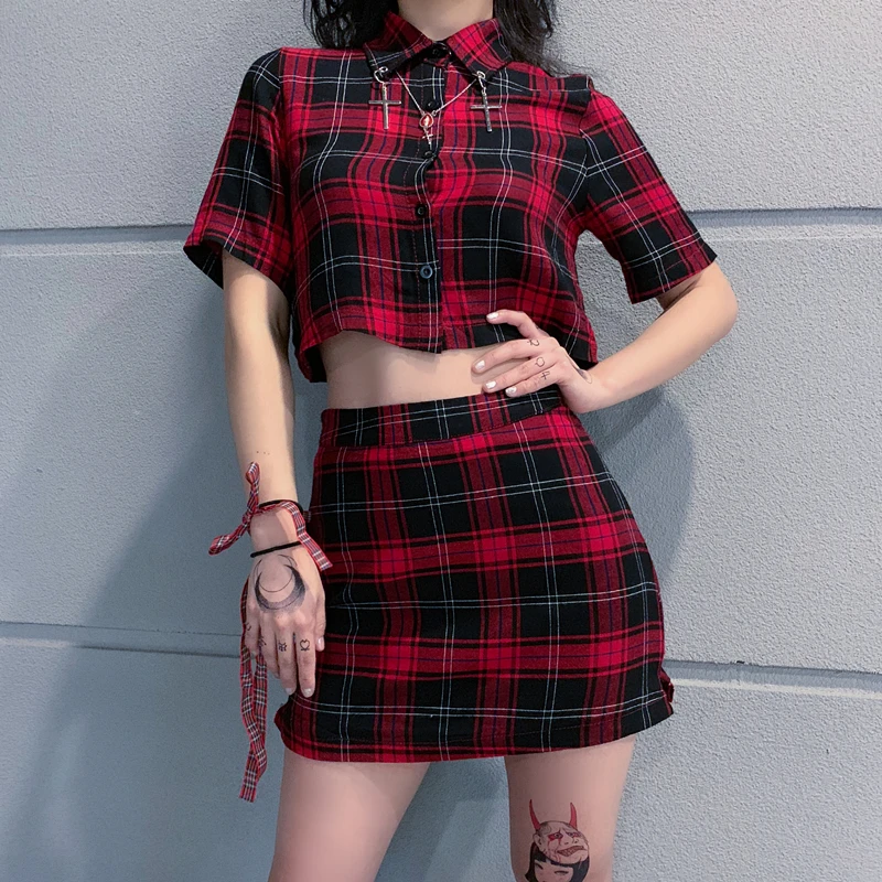 2019 Punk Fashion Womens Set Two Piece Set Summer Cross Pendant Decoration Plaid Women Tops Mini Skirts Two Piece Set Red Purple
2019 Punk Fashion Womens Set Two Piece Set Summer Cross Pendant Decoration Plaid Women Tops Mini Skirts Two Piece Set Red Purple