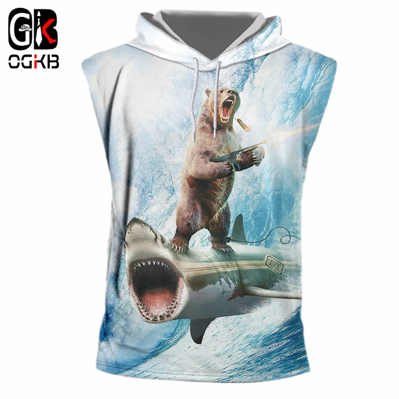 OGKB Cool Tank Top Print Shark Bear 3D Hooded Tanktop Vest Singlets For Women/men Bodybuilding Fitness Casual Sleeveless Hoodie | Мужская