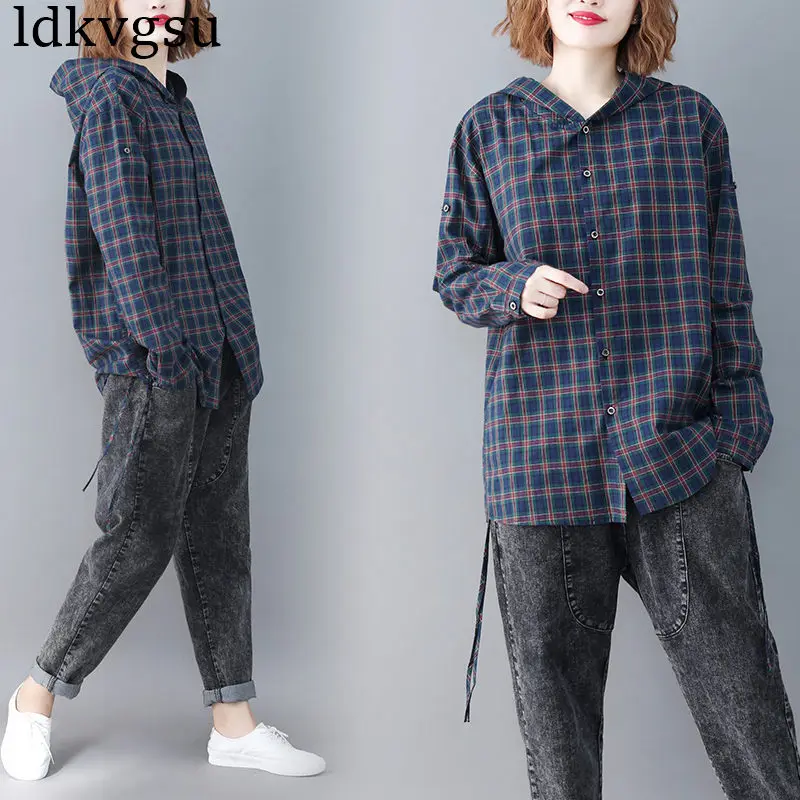 2019 New Spring Autumn Casual Lattice Slim Hooded Cardigan Shirts Women Blouse Loose Large Size Female Jacket Coats V433
2019 New Spring Autumn Casual Lattice Slim Hooded Cardigan Shirts Women Blouse Loose Large Size Female Jacket Coats V433