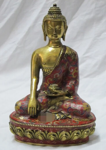xd 002368 Beautiful Tibetan bronze Cloisonne red coat Amitabha Buddha Sakyamuni Amitayus