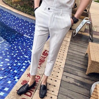 2019 Summer Stripe Men Dress Pants Black White Mens Pants Fashions Men Skinny Fit Men Trousers Office Ankle Length Trousers
2019 Summer Stripe Men Dress Pants Black White Mens Pants Fashions Men Skinny Fit Men Trousers Office Ankle Length Trousers