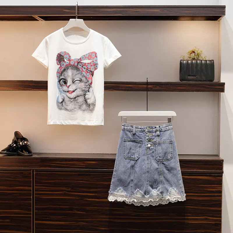 Women Cartoon Cat Print Loose Cotton T-Shirts+Embroidery Lace Mini Denim Skirts Sets 2019 Summer Tshirt Top Jean Skirt 2PCS Set
Women Cartoon Cat Print Loose Cotton T-Shirts+Embroidery Lace Mini Denim Skirts Sets 2019 Summer Tshirt Top Jean Skirt 2PCS Set