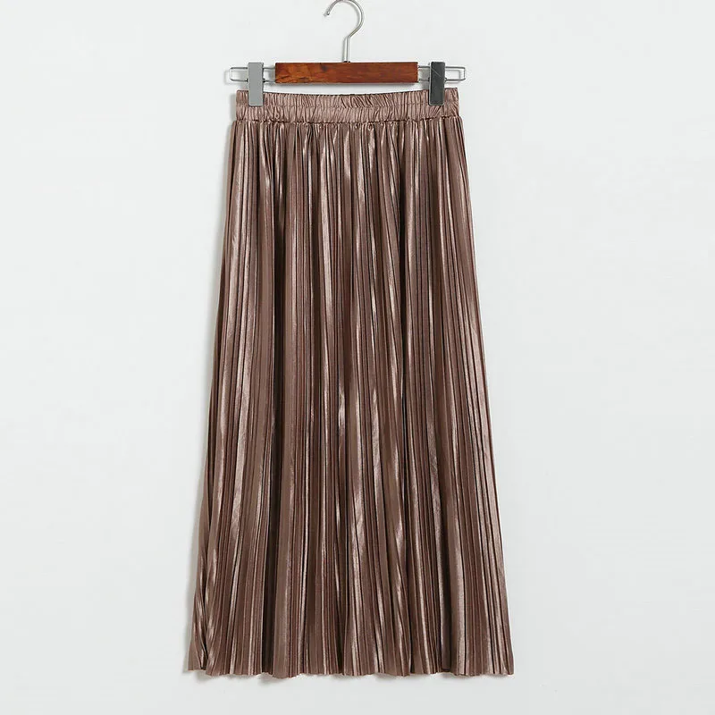 Lustrous pleated skirt metallic mid-length skirt for women of fall 2017 new Korean style joker long skirt (21)