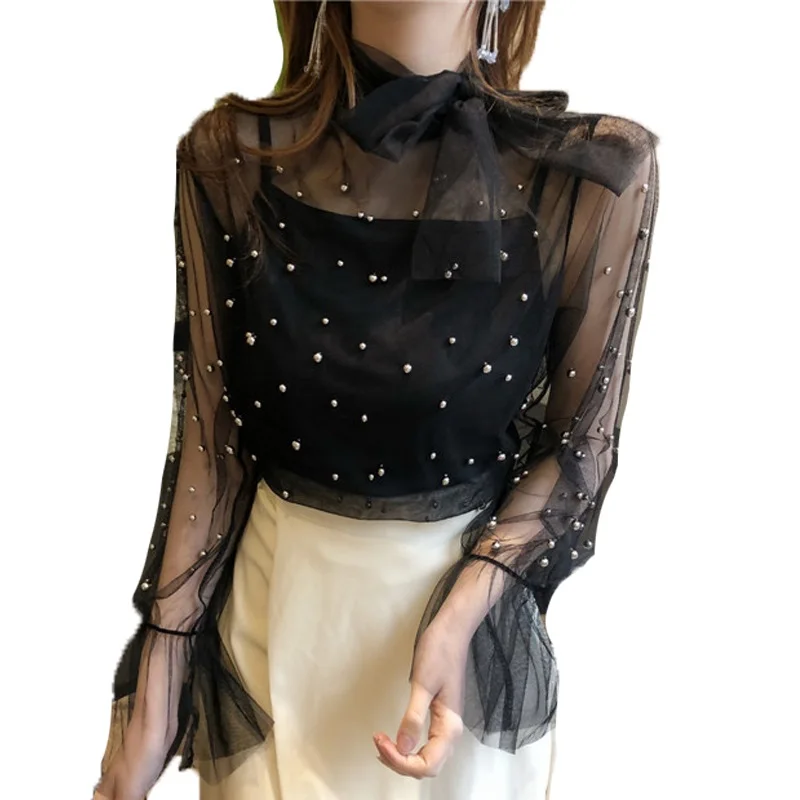2018 New Fashion Solid Mesh Women's Blouse Bow Collar Beading Female Shirt Casual Flare Sleeve Girls Top Bowknot Lace Bead
2018 New Fashion Solid Mesh Women's Blouse Bow Collar Beading Female Shirt Casual Flare Sleeve Girls Top Bowknot Lace Bead