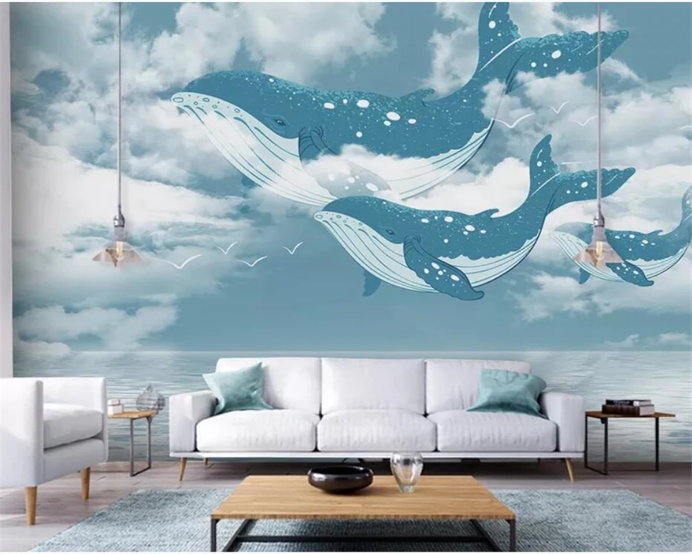 

Beibehang Custom 3D Photo Wallpaper Mural Mediterranean ocean sky whale children room background wall Waterproof 3d Wallpaper