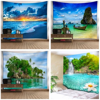 

1 PC 130*150cm Polyester Sea Beach Scenery Printed Tapestry Bohemian Style Wall Hanging Decoration Beach Towels Rug Camping Mats