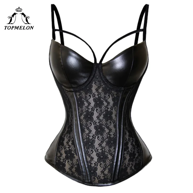 

TOPMELON Slimming Body Shaper Steampunk Gothic Shapewear Women Bodysuit Sexy Lace Leather Floral Harness Party Club Corset Tops