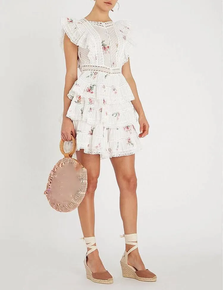 Fashion 2019 Women Solid Sweet Cute Mini Dress Sexy Lace Embroidery Cascading Ruffle | Женская одежда