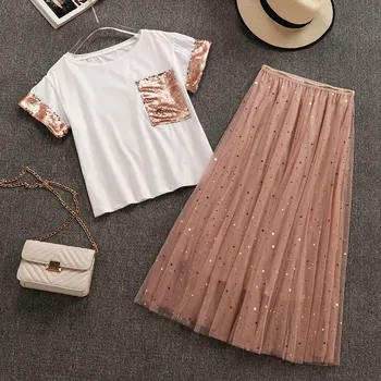 Fairy Women's Sets 2019 New Summer Fashion Sequins Pocket Short Sleeve T-shirts + Ultra Long Gauze Skirts Female Suits 
Fairy Women's Sets 2019 New Summer Fashion Sequins Pocket Short Sleeve T-shirts + Ultra Long Gauze Skirts Female Suits