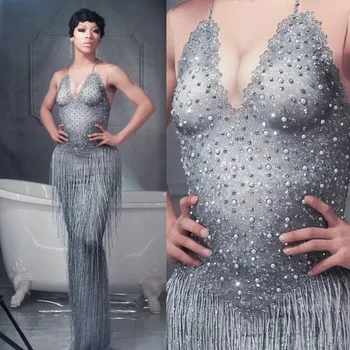 Fashion Crystal Tassel Floor Length Dress Women Sexy Pearls Fringes Party Evening Bodycon Dress Singer Dancer Stage Costumes
Fashion Crystal Tassel Floor Length Dress Women Sexy Pearls Fringes Party Evening Bodycon Dress Singer Dancer Stage Costumes