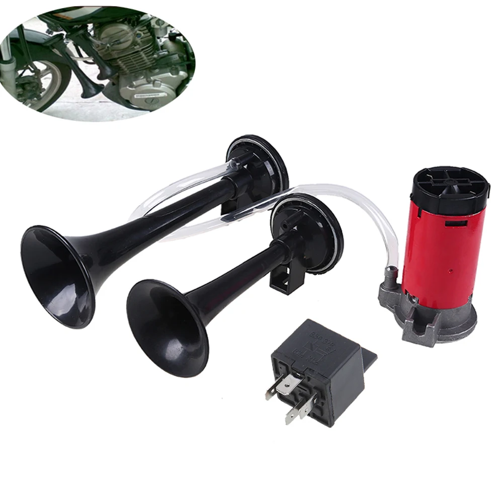 Set-Brand-New-Nero-Super-Forte-12-V-Doppia-Tromba-D-aria-Horn-Kit-Compressore-Auto