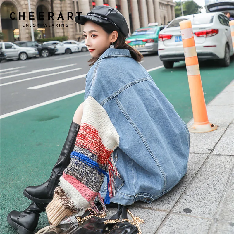 Cheerart Winter Denim Jacket Women Patchwork Knitted Sweater Sleeve Tassel Jacket Loose Colorfull Jeans Jacket Fashion 2018
Cheerart Winter Denim Jacket Women Patchwork Knitted Sweater Sleeve Tassel Jacket Loose Colorfull Jeans Jacket Fashion 2018