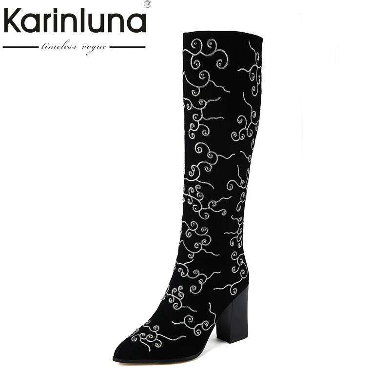 Image KAIRNLUNA Large Size 34 43 Fashion Add Fur Winter Riding Boots Ethnic Embroidery Cow Suede Genuine Leather Woman Shoes High Heel