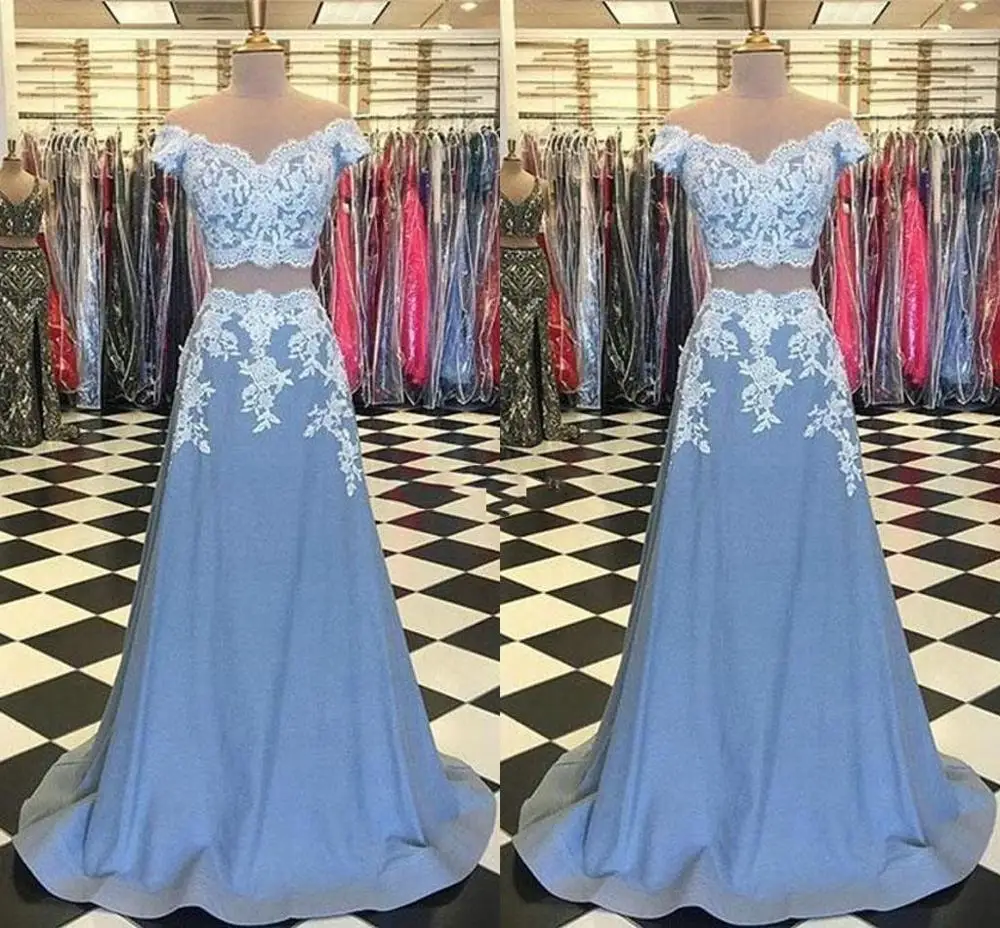 

Charming Two Pieces Prom Dresses 2019 Off The Shoulder Lace Appliques Graduation Party prom Gowns Sweep Train vestidos de gala