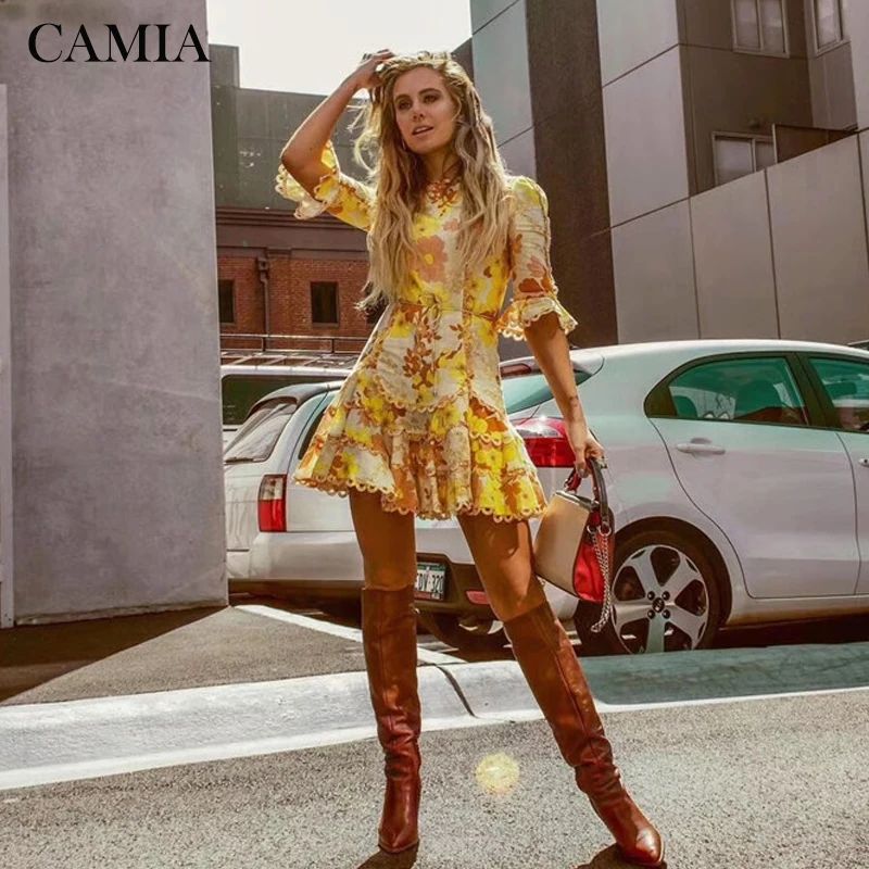 CAMIA new ZIM designer half sleeve yellow print dress female O-neck high waist trumpet sleeves with mini dress
CAMIA new ZIM designer half sleeve yellow print dress female O-neck high waist trumpet sleeves with mini dress