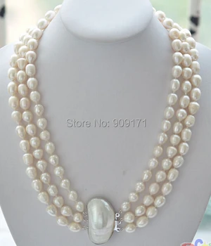 

Free Shipping>>3row 17-19" 9-10mm rice white Freshwater cultured pearl necklace mabe