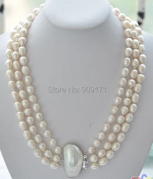 Free Shipping>>3row 17-19" 9-10mm rice white Freshwater cultured pearl necklace mabe 
Free Shipping>>3row 17-19" 9-10mm rice white Freshwater cultured pearl necklace mabe