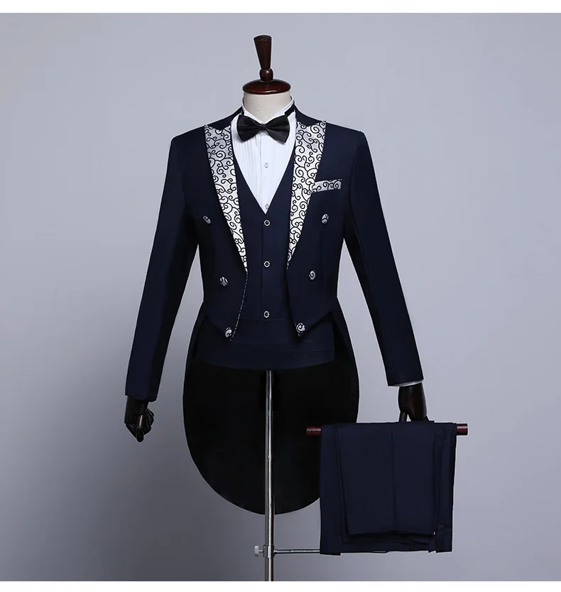 Мужские костюмы Tailcoat белый темно синий комплект из 3 предметов костюм для