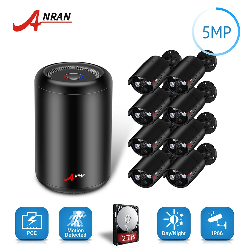 

ANRAN CCTV H.265 8CH HD POE NVR 5.0MP 1920P Array IR Day Night Outdoor Bullet Security IP POE Camera System With Hard Disk