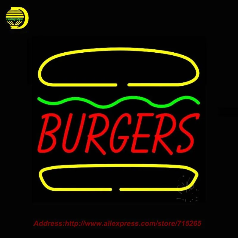 Image Burgers  Neon Sign Food Neon Bulb Recreation Glass Tube Handcraft Business Light Sign Shop Advertise Store Display indoor 24x24