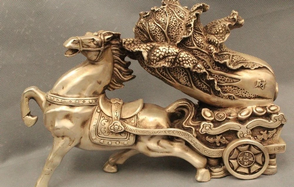 free shipping 9"Chinese Folk Silver Wealth Zodiac Year Horse Pull Money Cabbage Statue