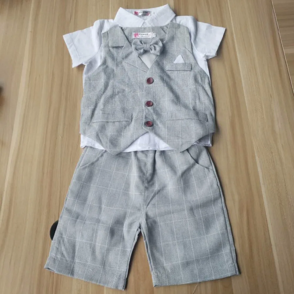 Baby Boys Clothing Sets 2018 New Summer Children Formal Wear Soft Short Shirt + Plaid Waist Coat + Shorts Kids 3PC Suits JJ010 4