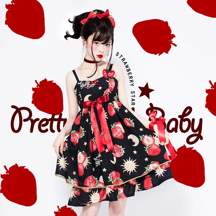 Star Moon Strawberry Super Cute Women's Lolita JSK Dress Summer Suspender Dress Bows Trim One Piece White/Blue/Black Sweet 
Star Moon Strawberry Super Cute Women's Lolita JSK Dress Summer Suspender Dress Bows Trim One Piece White/Blue/Black Sweet