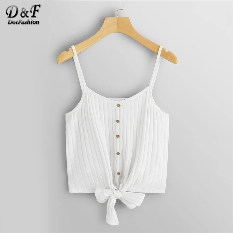 

Dotfashion White Solid Knot Hem Rib Knit Cami Top Women Clothes 2019 Summer Casual Streetwear Vest Glamorous Korean Camisole