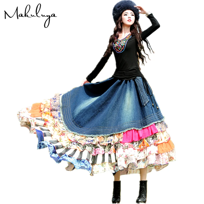 Makuluya Women Bohemian Asymmetrical Denim Patchwork Chiffon Ruffles Maxi Long Skirts Spring Autumn Winter Summer Female L6
Makuluya Women Bohemian Asymmetrical Denim Patchwork Chiffon Ruffles Maxi Long Skirts Spring Autumn Winter Summer Female L6