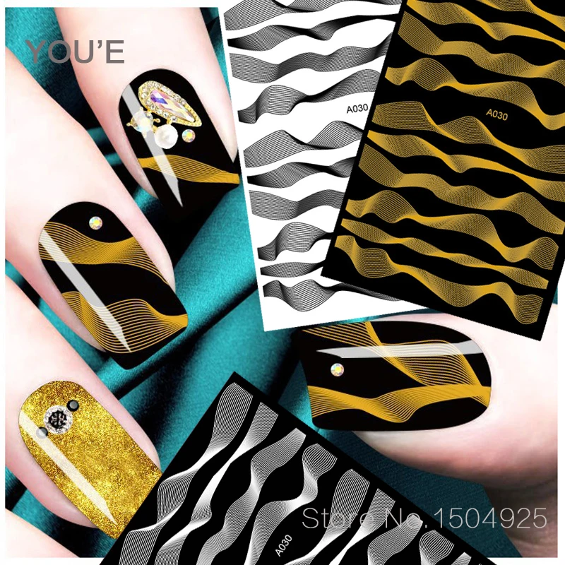 Black Wave Gold White Line Nail Art Stickers Nail Designs Manicure Sticker Back Glue Accessories for Nail Art Decorations Decals
Black Wave Gold White Line Nail Art Stickers Nail Designs Manicure Sticker Back Glue Accessories for Nail Art Decorations Decals