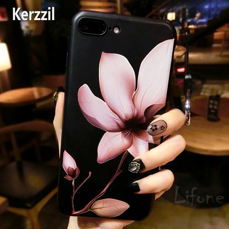 Мягкий чехол Kerzzil для iPhone 7 6 6S Plus силиконовый с объемными рельефными цветами S lina |