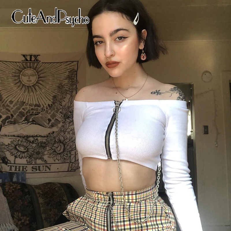 2019 Off shoulder Sexy Woman T Shirt Zipper Chain Harajuku T-shirt Ladies Long Sleeve Top Tee Summer Streetwear Cuteandpsycho
2019 Off shoulder Sexy Woman T Shirt Zipper Chain Harajuku T-shirt Ladies Long Sleeve Top Tee Summer Streetwear Cuteandpsycho