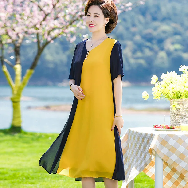Summer dress contrast color stitching Elegant middle-aged Short Sleeve women's loose chiffon Casual Plus Size Office dresses
Summer dress contrast color stitching Elegant middle-aged Short Sleeve women's loose chiffon Casual Plus Size Office dresses