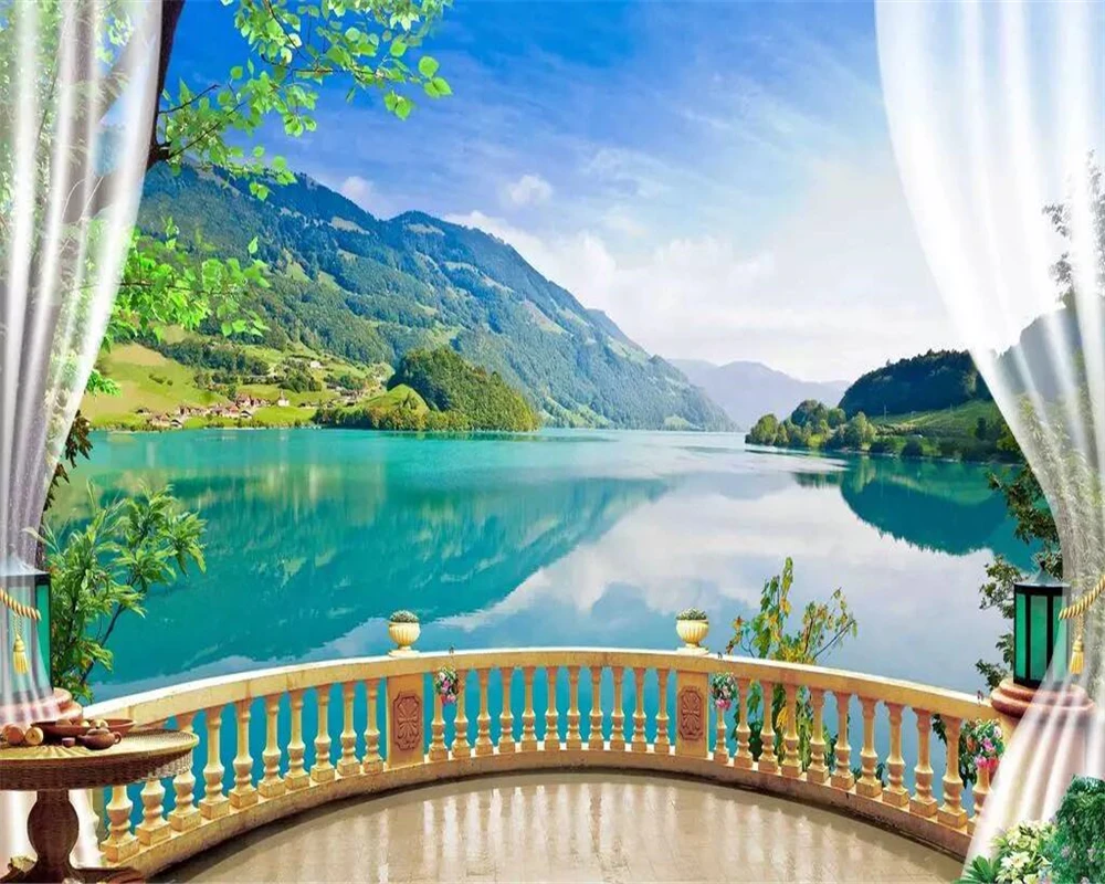 Обои на заказ 3D фотообои лес балкон голубое небо чистая вода белые облака река