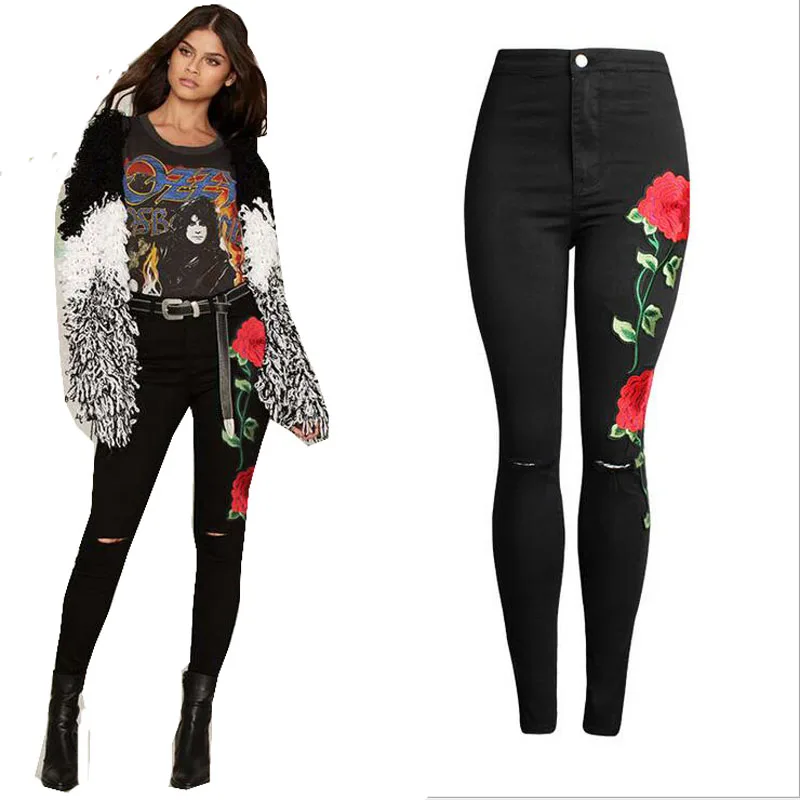 Europe Women's fashion rose Embroidery hole hight Elastic waist denim jeans pencil long pants pantalon mujer 64
Europe Women's fashion rose Embroidery hole hight Elastic waist denim jeans pencil long pants pantalon mujer 64