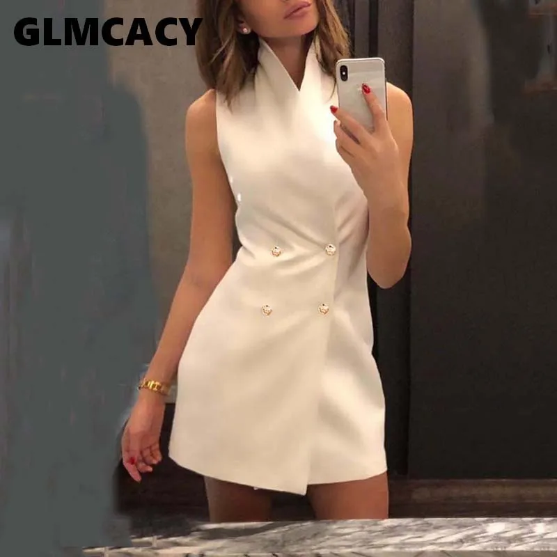 Women Double Breasted Mini Blazer Dress Office Lady Sheath Sleeveless Button Design Above Knee Mini Turn-down Collar Dress
Women Double Breasted Mini Blazer Dress Office Lady Sheath Sleeveless Button Design Above Knee Mini Turn-down Collar Dress