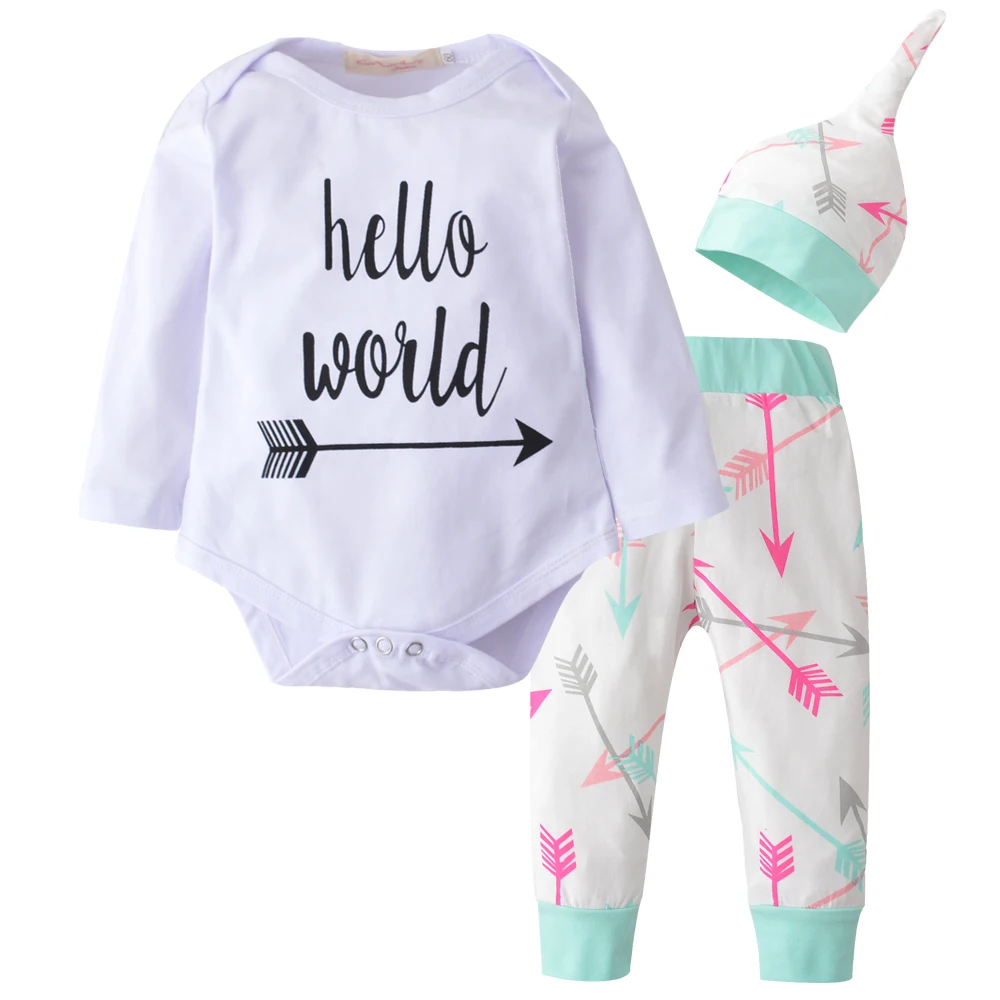Newborn Clothing Set 3PCS Baby Boy Clothes Set Hello world Tops Bodysuits+Multicolor arrow Print Pant+Cap Autumn Kids Clothes
Newborn Clothing Set 3PCS Baby Boy Clothes Set Hello world Tops Bodysuits+Multicolor arrow Print Pant+Cap Autumn Kids Clothes