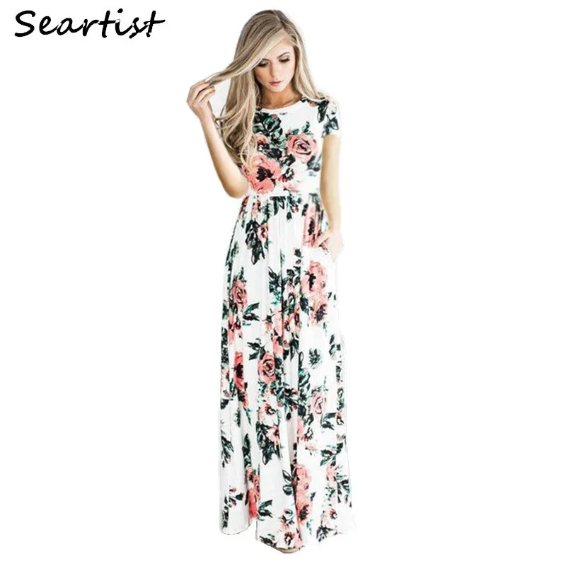 

Женское длинное пляжное платье с коротким рукавом и цветочным принтом
