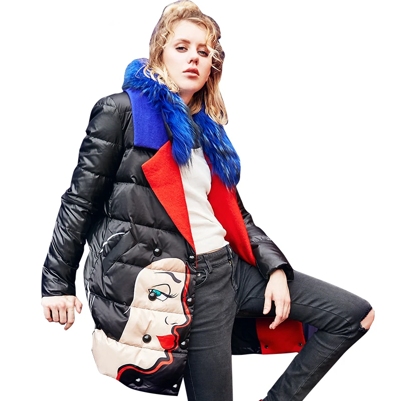 Winter Women Long Coat Cartoon Print Black Down Jacket Ladies Blue Natural Real Fur Collar Parka Thick Warm High Quality Jackets
Winter Women Long Coat Cartoon Print Black Down Jacket Ladies Blue Natural Real Fur Collar Parka Thick Warm High Quality Jackets