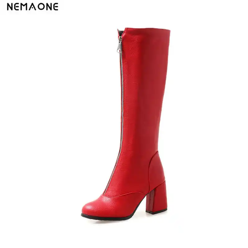 Nemaone 新ハイヒールニーハイ女性のブーツジッパー女性の靴パーティードレス結婚式の靴の女性大サイズ 43 黒赤白 Gooum